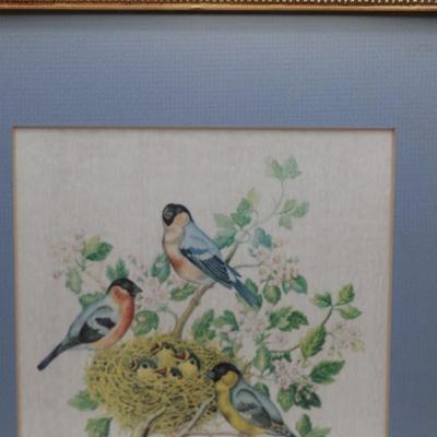 Framed Vintage Silk Bird Print in Gilt Frame
