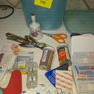 Sale Photo Thumbnail #149: misc items -Bandaids, thermometer, toothpicks and random things all in a storage container