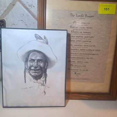 Sale Photo Thumbnail #224: The Lords Prayer framed in and Cherokee and English as well as a print of a drawing by Charles Banks Wilson
