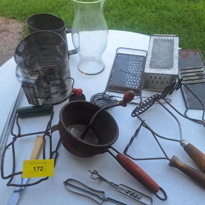 Sale Photo Thumbnail #302: mostly cooking or kitchen items, just some fun old metal items to use for décor