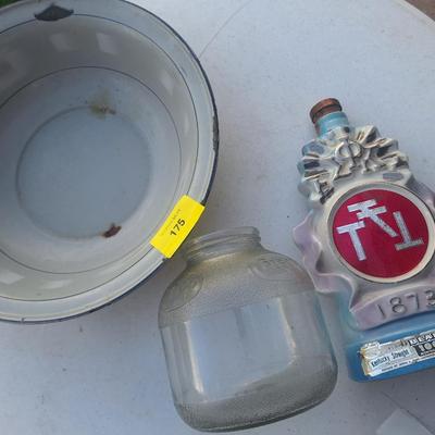Sale Photo Thumbnail #313: Misc items- jim Beam decanter (empty) Crisco jar and Enamel bowl