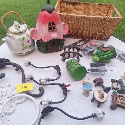 Sale Photo Thumbnail #318: fairy garden accessories and some large hooks to mount on wall or fence to hang something - basket included