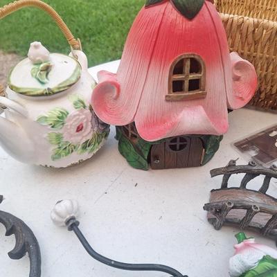 Sale Photo Thumbnail #321: fairy garden accessories and some large hooks to mount on wall or fence to hang something - basket included