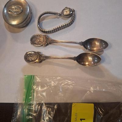Sale Photo Thumbnail #449: two spoons, a watch and a pill box