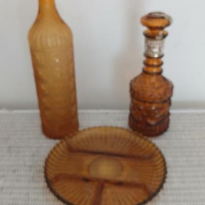 Vintage Amber Glass Trio – Decanter, Textured Bottle, and Divided Tray