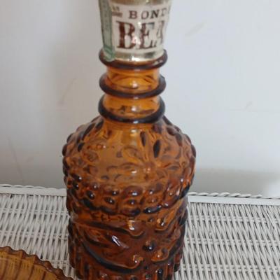 Vintage Amber Glass Trio – Decanter, Textured Bottle, and Divided Tray