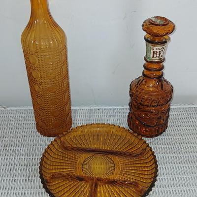 Vintage Amber Glass Trio – Decanter, Textured Bottle, and Divided Tray