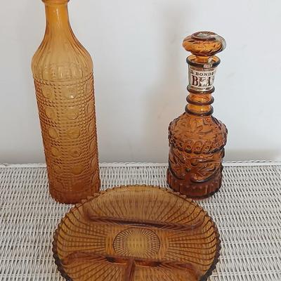 Vintage Amber Glass Trio – Decanter, Textured Bottle, and Divided Tray