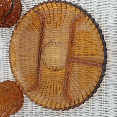 Vintage Amber Glass Trio – Decanter, Textured Bottle, and Divided Tray