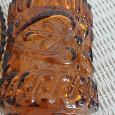 Vintage Amber Glass Trio – Decanter, Textured Bottle, and Divided Tray