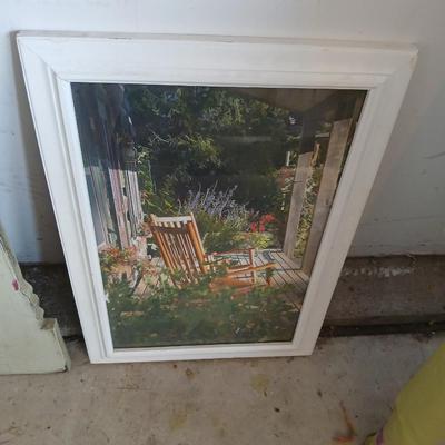 Two rolls of landscape fabric, ceramic pot, wooden frame and more