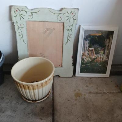 Two rolls of landscape fabric, ceramic pot, wooden frame and more