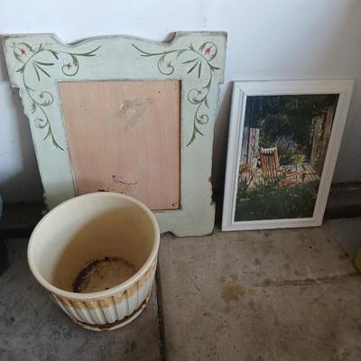 Two rolls of landscape fabric, ceramic pot, wooden frame and more