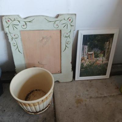 Two rolls of landscape fabric, ceramic pot, wooden frame and more