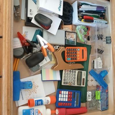 Office drawer - with Oak desk top organizer - white board, calculator, writing utensils, glue and more