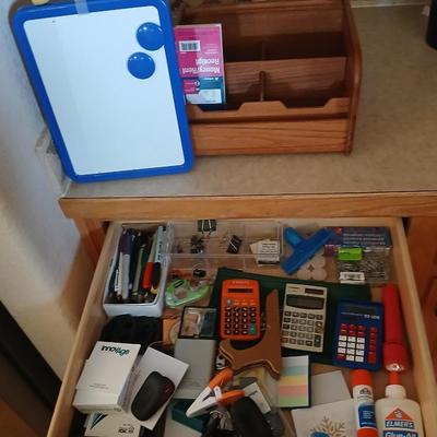 Office drawer - with Oak desk top organizer - white board, calculator, writing utensils, glue and more