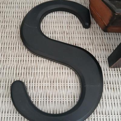 Two framed mountain pictures, a leather and wood basket, Rejoice and two letters