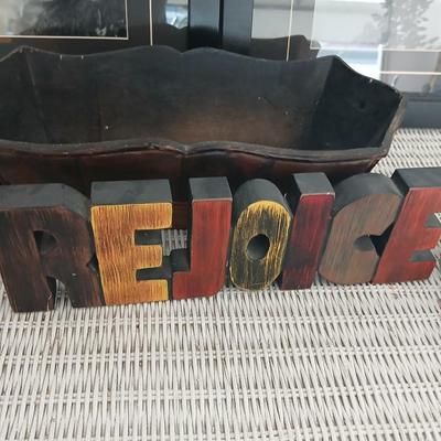 Two framed mountain pictures, a leather and wood basket, Rejoice and two letters