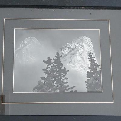 Two framed mountain pictures, a leather and wood basket, Rejoice and two letters
