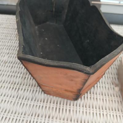 Two framed mountain pictures, a leather and wood basket, Rejoice and two letters