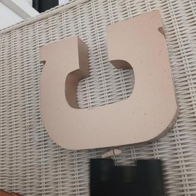 Two framed mountain pictures, a leather and wood basket, Rejoice and two letters