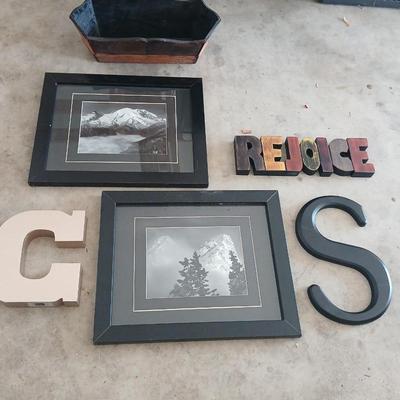 Two framed mountain pictures, a leather and wood basket, Rejoice and two letters