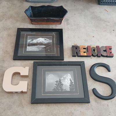 Two framed mountain pictures, a leather and wood basket, Rejoice and two letters
