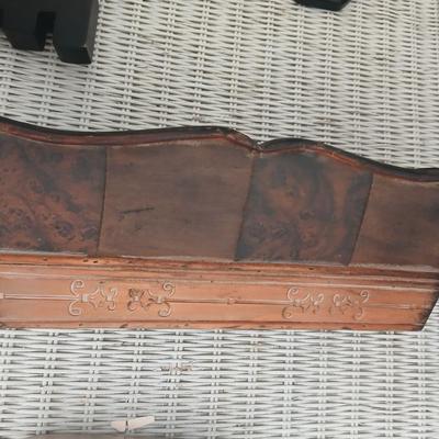 Two framed mountain pictures, a leather and wood basket, Rejoice and two letters