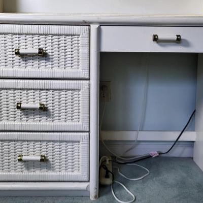 LOT 4B: Bassett Four Drawer White Desk with Top Shelving and Chair Included