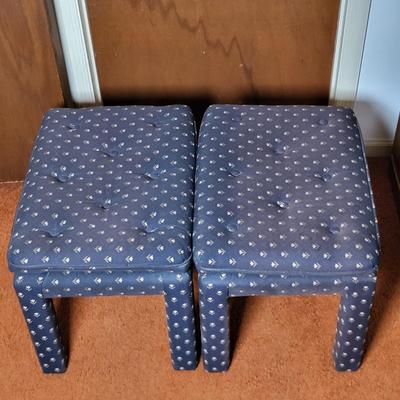 LOT 12B: Pair of Matching Blue Pillowtop Ottoman's and Antique Wooden Clothing Rack