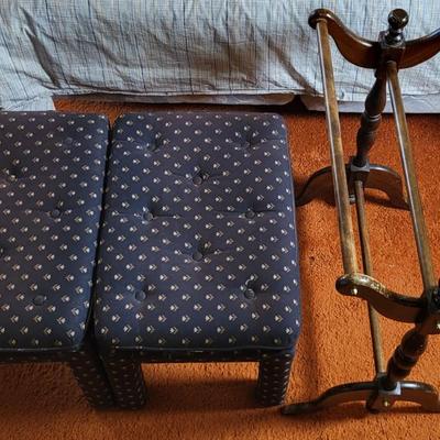 LOT 12B: Pair of Matching Blue Pillowtop Ottoman's and Antique Wooden Clothing Rack
