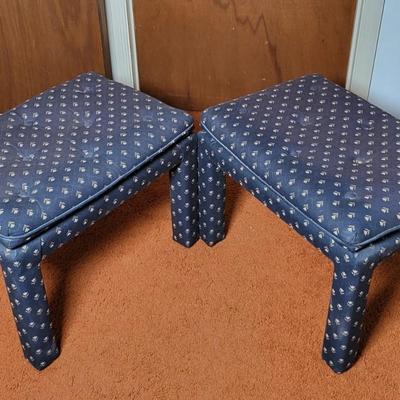 LOT 12B: Pair of Matching Blue Pillowtop Ottoman's and Antique Wooden Clothing Rack