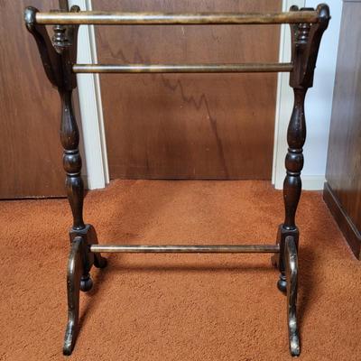 LOT 12B: Pair of Matching Blue Pillowtop Ottoman's and Antique Wooden Clothing Rack