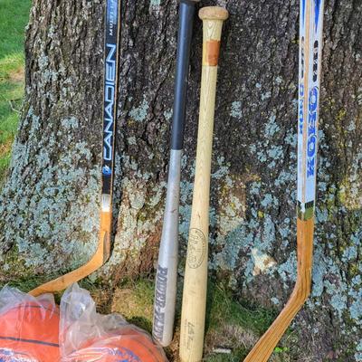 LOT 20G: Lot of Sporting Equipment Including Hockey Sticks, Baseball Bats and More