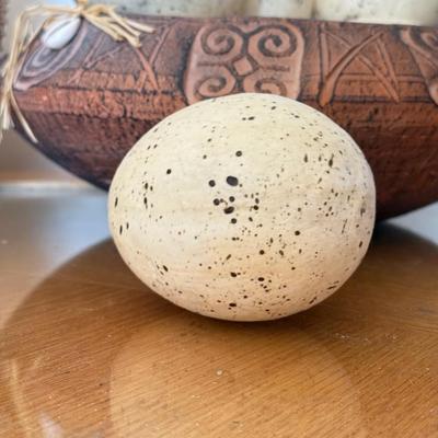 LOT 41F: Divided Wooden Bowl, Primitive Woven Gourd Vessel, L. Gwaia Wood Artwork, Pottery Bowl filled w/ Faux Eggs & Basket filled...