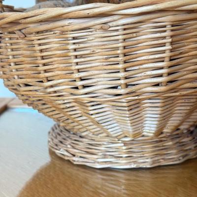 LOT 41F: Divided Wooden Bowl, Primitive Woven Gourd Vessel, L. Gwaia Wood Artwork, Pottery Bowl filled w/ Faux Eggs & Basket filled...