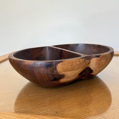 LOT 41F: Divided Wooden Bowl, Primitive Woven Gourd Vessel, L. Gwaia Wood Artwork, Pottery Bowl filled w/ Faux Eggs & Basket filled...