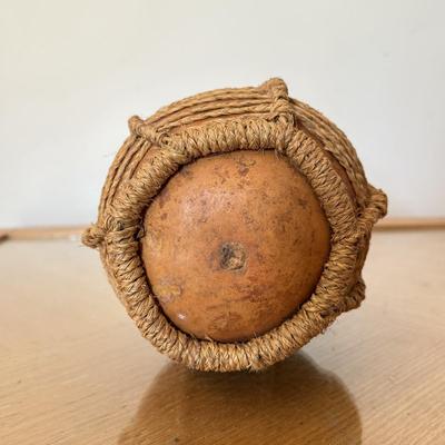 LOT 41F: Divided Wooden Bowl, Primitive Woven Gourd Vessel, L. Gwaia Wood Artwork, Pottery Bowl filled w/ Faux Eggs & Basket filled...