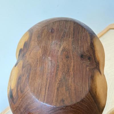 LOT 41F: Divided Wooden Bowl, Primitive Woven Gourd Vessel, L. Gwaia Wood Artwork, Pottery Bowl filled w/ Faux Eggs & Basket filled...