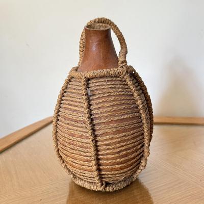 LOT 41F: Divided Wooden Bowl, Primitive Woven Gourd Vessel, L. Gwaia Wood Artwork, Pottery Bowl filled w/ Faux Eggs & Basket filled...