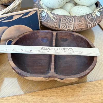 LOT 41F: Divided Wooden Bowl, Primitive Woven Gourd Vessel, L. Gwaia Wood Artwork, Pottery Bowl filled w/ Faux Eggs & Basket filled...