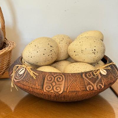 LOT 41F: Divided Wooden Bowl, Primitive Woven Gourd Vessel, L. Gwaia Wood Artwork, Pottery Bowl filled w/ Faux Eggs & Basket filled...