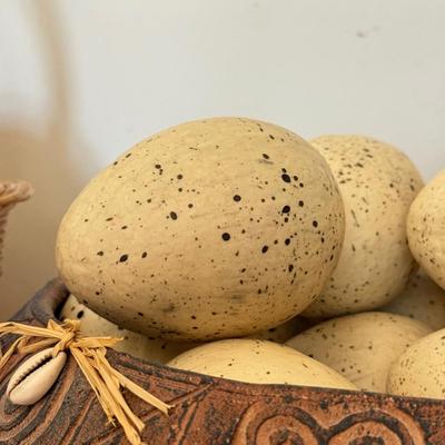 LOT 41F: Divided Wooden Bowl, Primitive Woven Gourd Vessel, L. Gwaia Wood Artwork, Pottery Bowl filled w/ Faux Eggs & Basket filled...