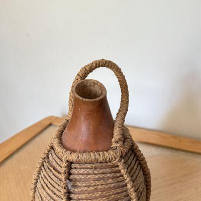 LOT 41F: Divided Wooden Bowl, Primitive Woven Gourd Vessel, L. Gwaia Wood Artwork, Pottery Bowl filled w/ Faux Eggs & Basket filled...