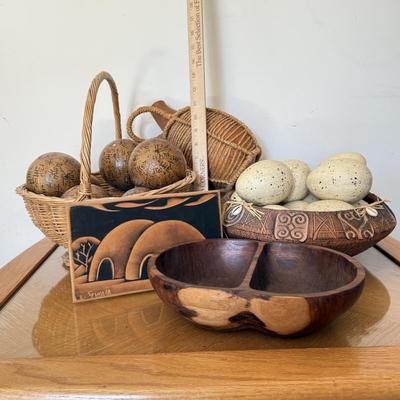 LOT 41F: Divided Wooden Bowl, Primitive Woven Gourd Vessel, L. Gwaia Wood Artwork, Pottery Bowl filled w/ Faux Eggs & Basket filled...