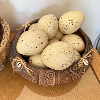 LOT 41F: Divided Wooden Bowl, Primitive Woven Gourd Vessel, L. Gwaia Wood Artwork, Pottery Bowl filled w/ Faux Eggs & Basket filled...