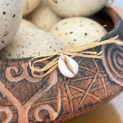 LOT 41F: Divided Wooden Bowl, Primitive Woven Gourd Vessel, L. Gwaia Wood Artwork, Pottery Bowl filled w/ Faux Eggs & Basket filled...