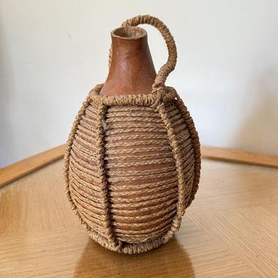 LOT 41F: Divided Wooden Bowl, Primitive Woven Gourd Vessel, L. Gwaia Wood Artwork, Pottery Bowl filled w/ Faux Eggs & Basket filled...
