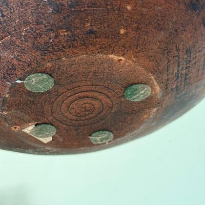 LOT 41F: Divided Wooden Bowl, Primitive Woven Gourd Vessel, L. Gwaia Wood Artwork, Pottery Bowl filled w/ Faux Eggs & Basket filled...