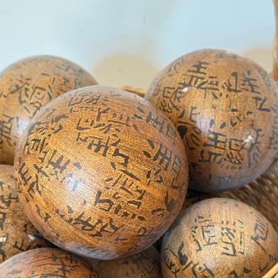 LOT 41F: Divided Wooden Bowl, Primitive Woven Gourd Vessel, L. Gwaia Wood Artwork, Pottery Bowl filled w/ Faux Eggs & Basket filled...